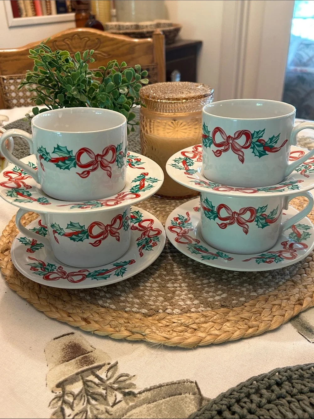 International Tableworks Christmas Ribbon 8oz Coffee cup and Saucer Set